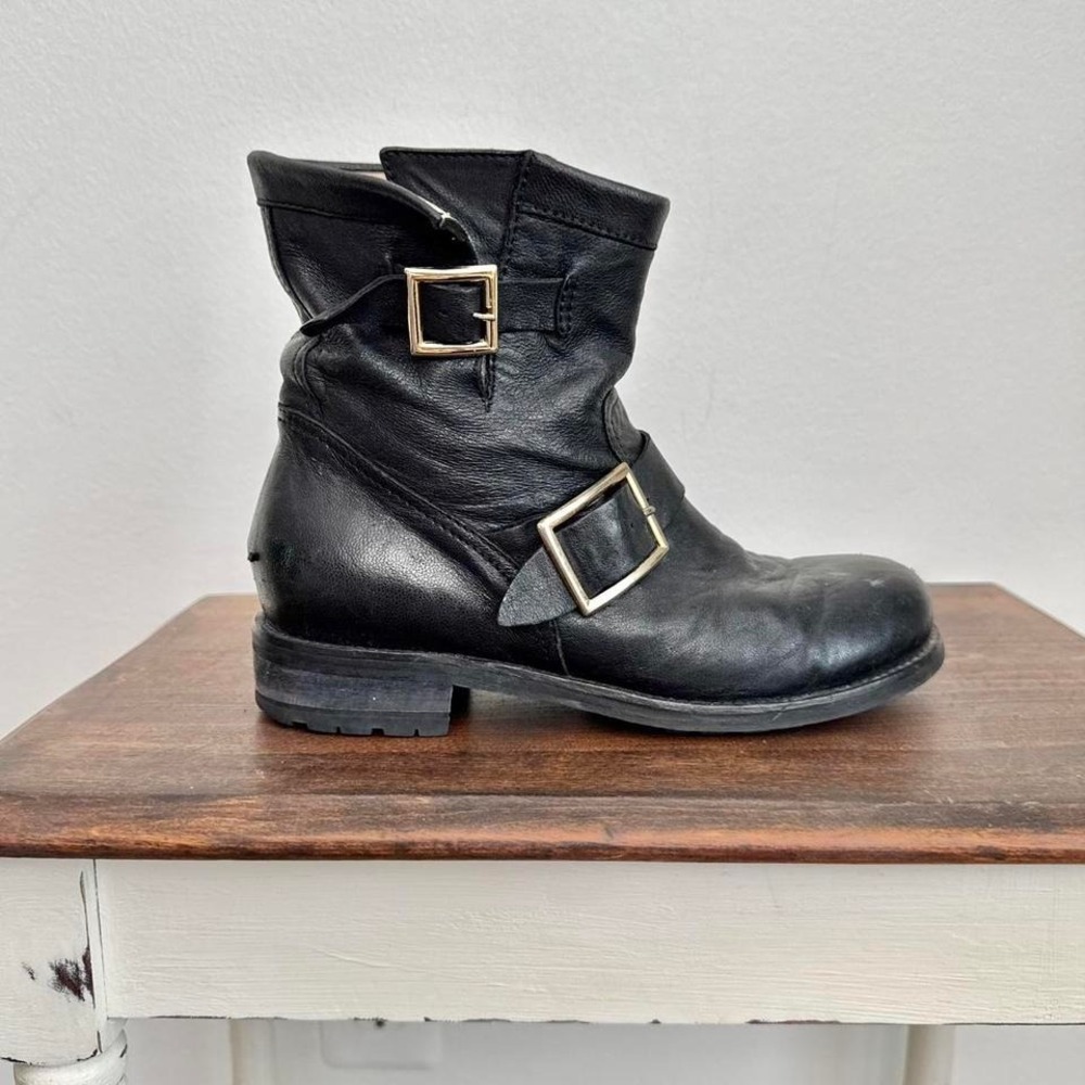 Jimmy Choo Black Moto Boot Size 36 / 6 Gold Buckle Short Genuine Leather
